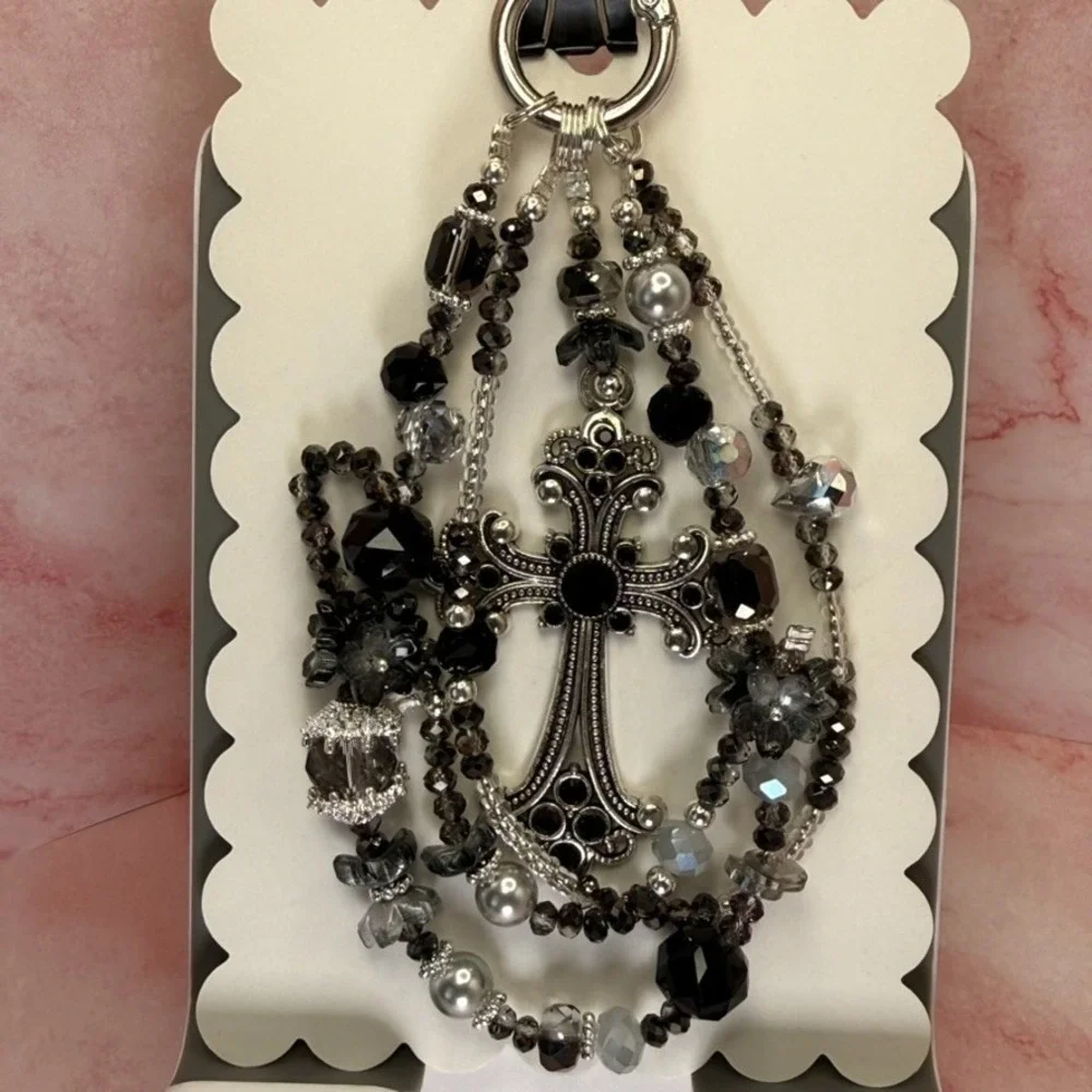 Cross Silver Black Beaded Phone Wristlet Crystal Bag Charm Keychain Premium